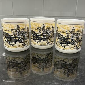Set of 3 Hazel Atlas Vintage Elegant Black White Horse Carriage Milk Glass Mugs